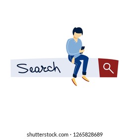 Man sitting on the search bar. Idea of website browser. Search button with magnifying glass. Internet surfing. Flat vector illustration