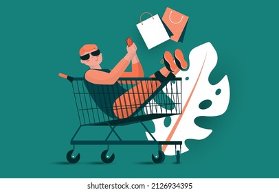 man sitting on shopping cart. happy shopping man, shopping cart, shopping bags, green background. vector art and illustration.