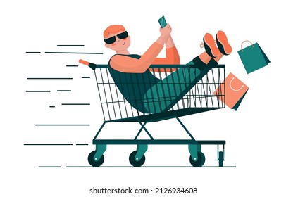 hombre sentado en el carro de la compra. feliz hombre de compras, carrito de compras, bolsas de compras, arte vectorial e ilustración. Versión 2.