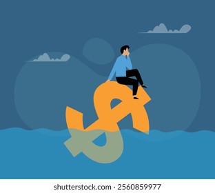 Man Sitting on a Sinking Dollar Sign 2d flat vector illustrations