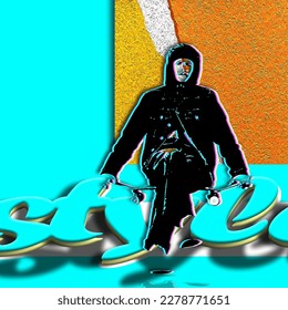 Man sitting on skateboard and text on blue background. contemporary art style