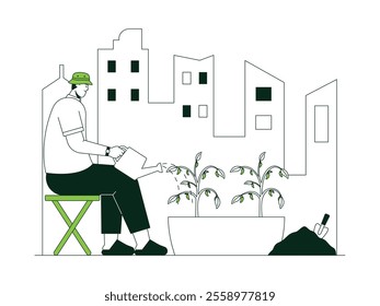 Man sitting on a small bench is watering some plants in big pots growing well, tall skyscrapers background, gardening in the middle of busy city environment, urban farming vector illustration.