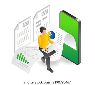 Man sitting on a smartphone application data analysis paper