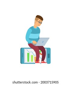 Man sitting on smartphone with graphs and charts, typing on laptop vector isolated. Freelancer in glasses working in Internet, analyzing financial statistic