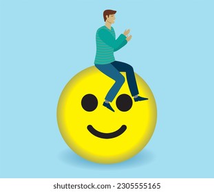 Hombre sentado sobre un símbolo sonriente y aplaude. Ilustración vectorial.