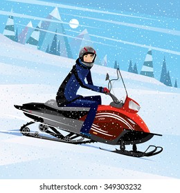 A man sitting on a snowmobile and looking at us - challenge concept. Vector illustration