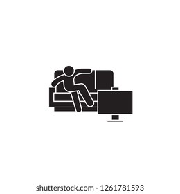Man sitting on sofa black vector concept icon. Man sitting on sofa flat illustration, sign