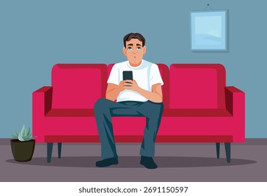 
Man Sitting on a Sofa Checking his Phone Vector Illustration. Person scrolling the internet having an astonished reaction
