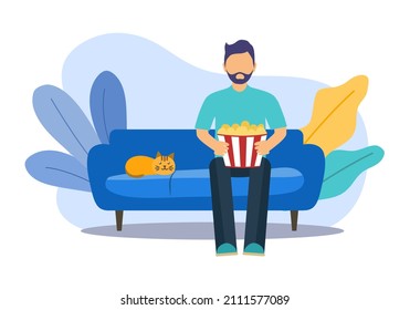 Man sitting on sofa eating popcorn while watching movie in flat design on white background.