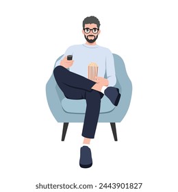 Man sitting on sofa eating popcorn while watching movie. Flat vector illustration isolated on white background