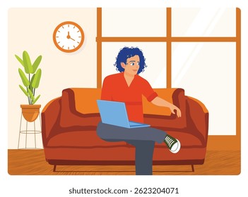 A man sitting on a sofa, engaged in work on a laptop in a well decorated and cozy living room with a vibrant atmosphere. People surfing internet concept. Flat vector illustration