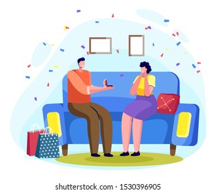 Man sitting on sofa and giving ring to woman, flat decorated by confetti. Male proposing female to get married in room. Romantic day of boyfriend and girlfriend characters with jewelry present vector