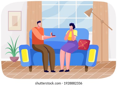 Man sitting on sofa giving woman box with diamond ring. Boyfriend offering marriage to his girlfriend. Romantic engagement at home. Surprise proposal with couple in love vector illustration