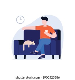 Man sitting on sofa and holding a cup of tea. Young man sitting on the couch and resting. Cat sleeping on sofa. Quarantine stay at home. Isolated vector illustration on white background.
