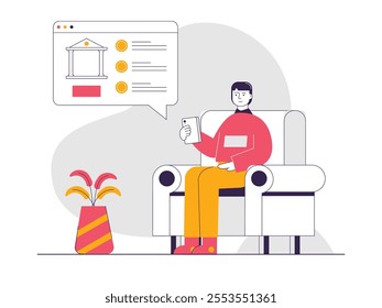 A man is sitting on a sofa holding a phone, checking a bank of apps. Character design. Vector flat illustration
