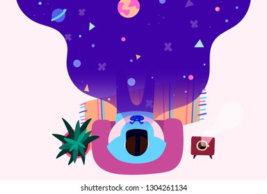 Man sitting on sofa at home and playing augmented virtual reality. Technology concept in modern flat design. Stock vector