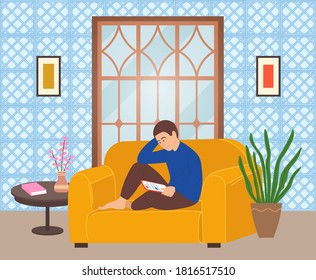 Man sitting on the sofa at home and correspondence surfing the Internet. Male character communicating through network on the tablet. Social media network communication digital gadget addiction