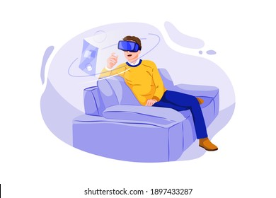 Man Sitting On Sofa At Home Wearing Virtual Reality Headset. Flat illustration isolated on white background.