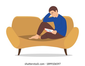 Man sitting on the sofa at home and correspondence surfing the Internet. Male character communicating through network on the tablet. Social media network communication digital gadget addiction