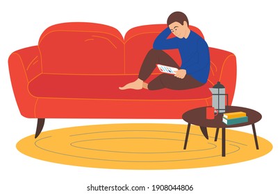 Man sitting on the sofa at home and correspondence surfing the Internet. Male character communicating through network on the tablet. Social media network communication digital gadget addiction
