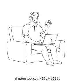 Man sitting on sofa at home wearing headset, talking on video call continuous line art flat vector illustration.