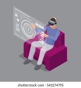 Man sitting on sofa at home wearing Virtual Reality Headset. Technology, cyberspace and people concept