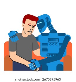 Homem sentado em um sofá e abraçando robô de IA amigável. Ilustração vetorial simbolizando a amizade homem-robô, inteligência artificial, conexão emocional e o futuro da interação homem-máquina.