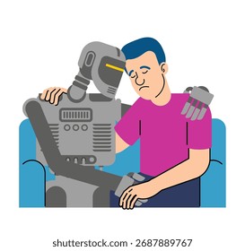 Man sitting on a sofa hugging AI robot friend. Vector illustration about human–machine interaction, emotional connection, artificial intelligence, and future companionship technology.