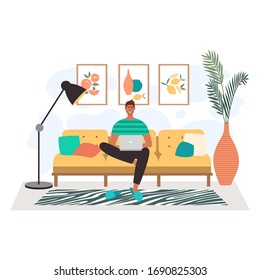 Man sitting on sofa with laptop computer and working from home. Freelance work and convenient workplace vector concept. Living room interior. Distance work, online study, education.