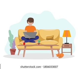 man sitting on a sofa with a laptop and a cup of coffee illustration vector