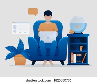 Hombre sentado en un sofá con ordenador portátil trabajando desde casa. Ilustración vectorial