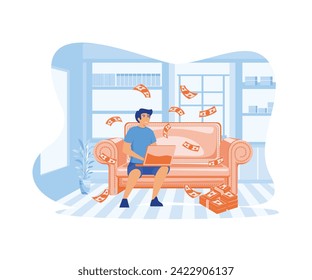 Man sitting on sofa with laptop computer and dollar bills raining down. flat vector modern illustration 