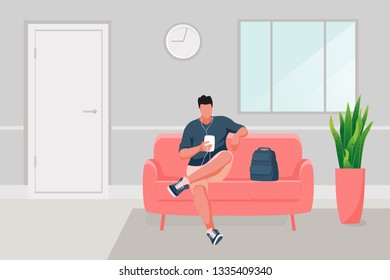 Man sitting on the sofa. Man listening music from a smartphone. Vector illustration
