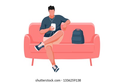 Man sitting on the sofa. Man listening music from a smartphone. Vector illustration