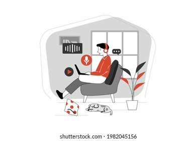 Man sitting on sofa and listening to podcast