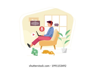 Man sitting on sofa and listening to podcast Illustration concept. Flat illustration isolated on white background.