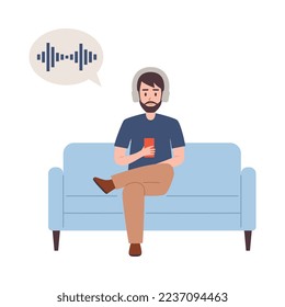 Man sitting on sofa and listening online podcast in social media using mobile phone, flat vector illustration isolated on white background. Audio content and podcast.