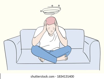 The man sitting on the sofa looked dizzy while holding his head. Hand drawn style vector design illustrations