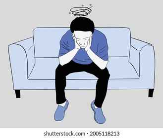 The man sitting on the sofa looked dizzy while holding his head. Hand drawn style vector design illustrations