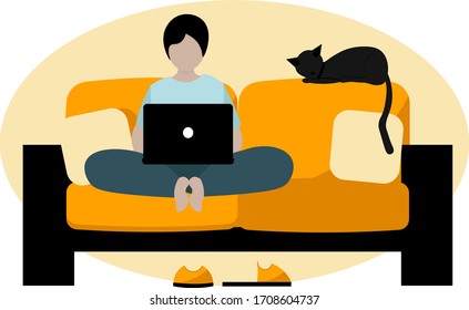 Man sitting on sofa in lotus position with laptop on the knees. Freelancer or student work in comfort place. Concept freelance and online education. Illustration in flat style.