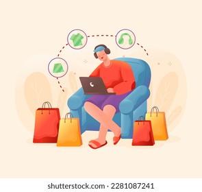 Mann, der auf dem Sofa sitzt. Online-Shopping. Illustrationskonzept