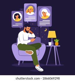 Man sitting on sofa with phone. Friends talking on phone hight. Dating app, application or chat concept. Flat style. Vector illustration isolated on white.