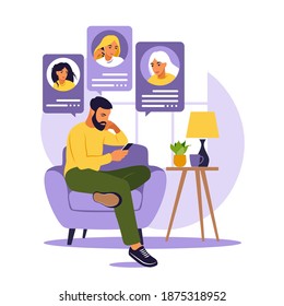 Man sitting on sofa with phone. Friends talking on phone. Dating app, application or chat concept. Flat style. Vector illustration isolated on white.