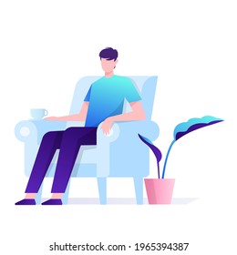 A man is sitting on a sofa with plants in his house Vector Illustration