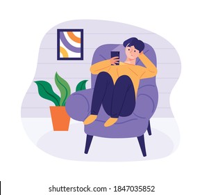 Man sitting on sofa and playing smartphone. Illustration of a person using a cell phone indoors.