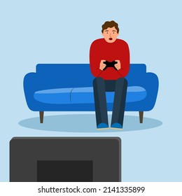 Man sitting on sofa playing video game in flat design. Gamer concept vector illustration.