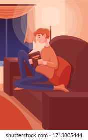 Man sitting on a sofa and reading a book with lamp light. Flat vector illuctration