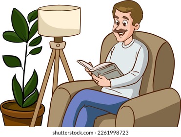 man sitting on sofa reading a book cartoon vector