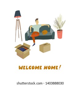 Man sitting on the sofa with sleeping cat . Cardboard boxes on the floor Removal into a house Vector flat illustration