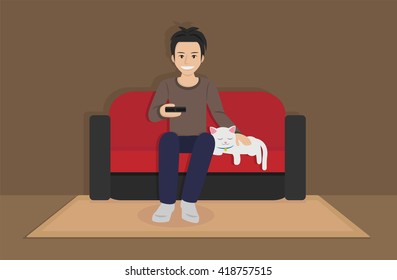  a man sitting on the sofa with sleeping cat and holding tv remote control. vector